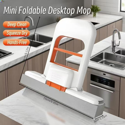 New One-Hand Press Mini Foldable Desktop Mop Self Wringing |onge Mop for Kitchen Bathroom Glass Table | No Hand Wash Mini Cleaning Mop | Space Saving Compact Cleaning Tool
