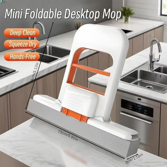 New One-Hand Press Mini Foldable Desktop Mop Self Wringing |onge Mop for Kitchen Bathroom Glass Table | No Hand Wash Mini Cleaning Mop | Space Saving Compact Cleaning Tool