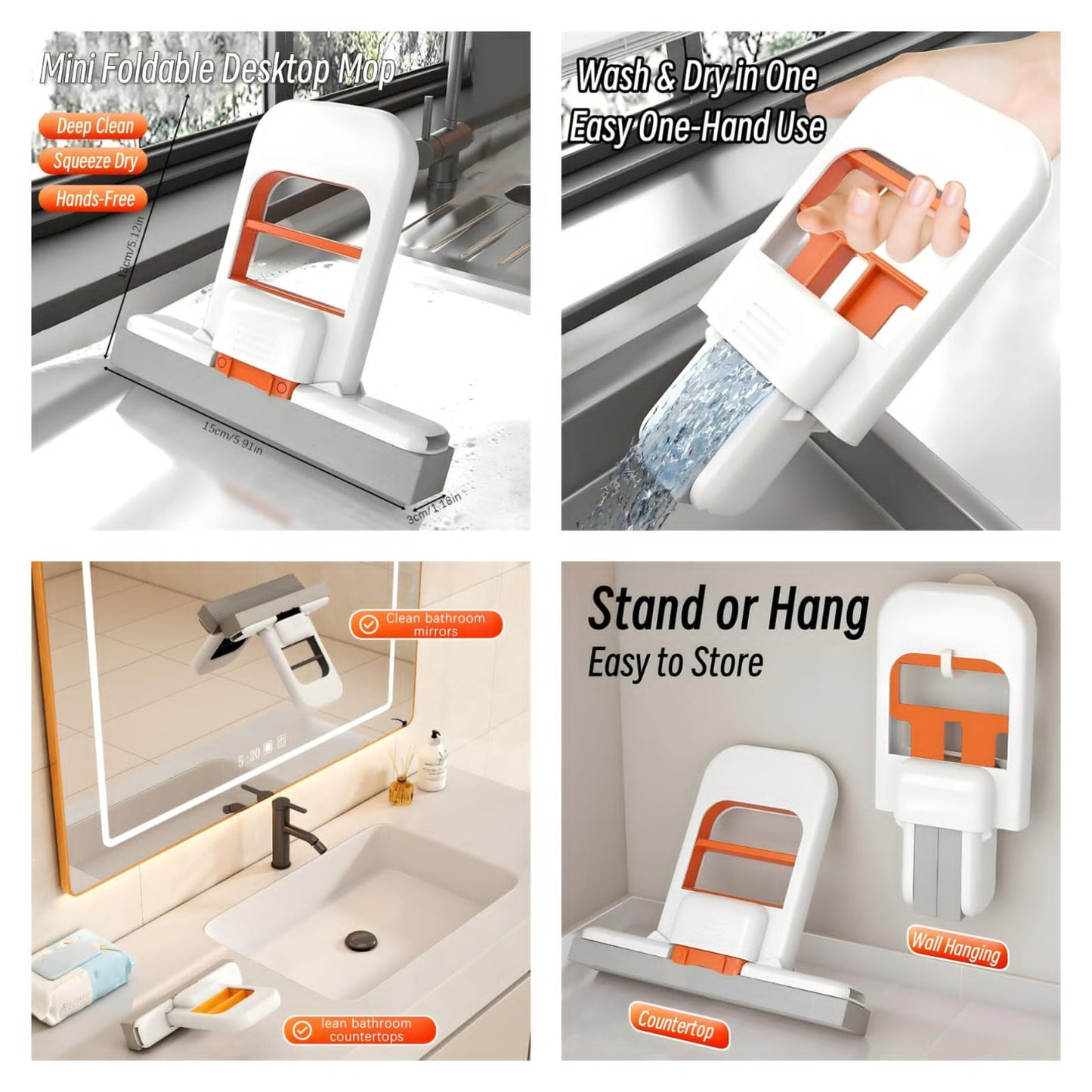 New One-Hand Press Mini Foldable Desktop Mop Self Wringing |onge Mop for Kitchen Bathroom Glass Table | No Hand Wash Mini Cleaning Mop | Space Saving Compact Cleaning Tool