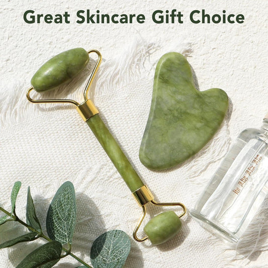 Jade Face Roller & Gua Sha Set || Facial Massage Tool for Skin Lifting|| Depuffing & Glowing Skin