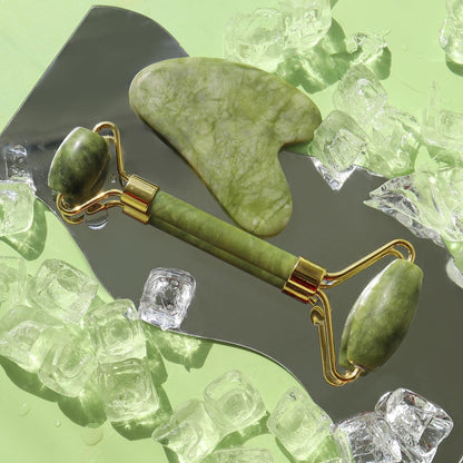 Jade Face Roller & Gua Sha Set || Facial Massage Tool for Skin Lifting|| Depuffing & Glowing Skin