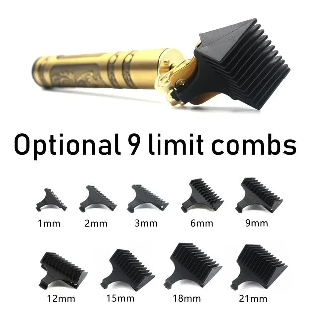 Hair styling tool with black attachments and text indicating optional limit combs on a white background.