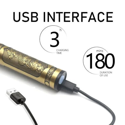 Decorative USB device with charging time and usage duration displayed on a white background