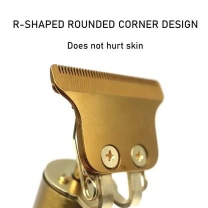 Gold grooming clipper with 'R-shaped rounded corner design' text on a white background