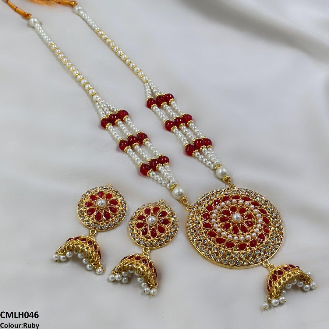 CMLH046 SDQ Cut Jhumki Drop Pearl Mala- CMLH