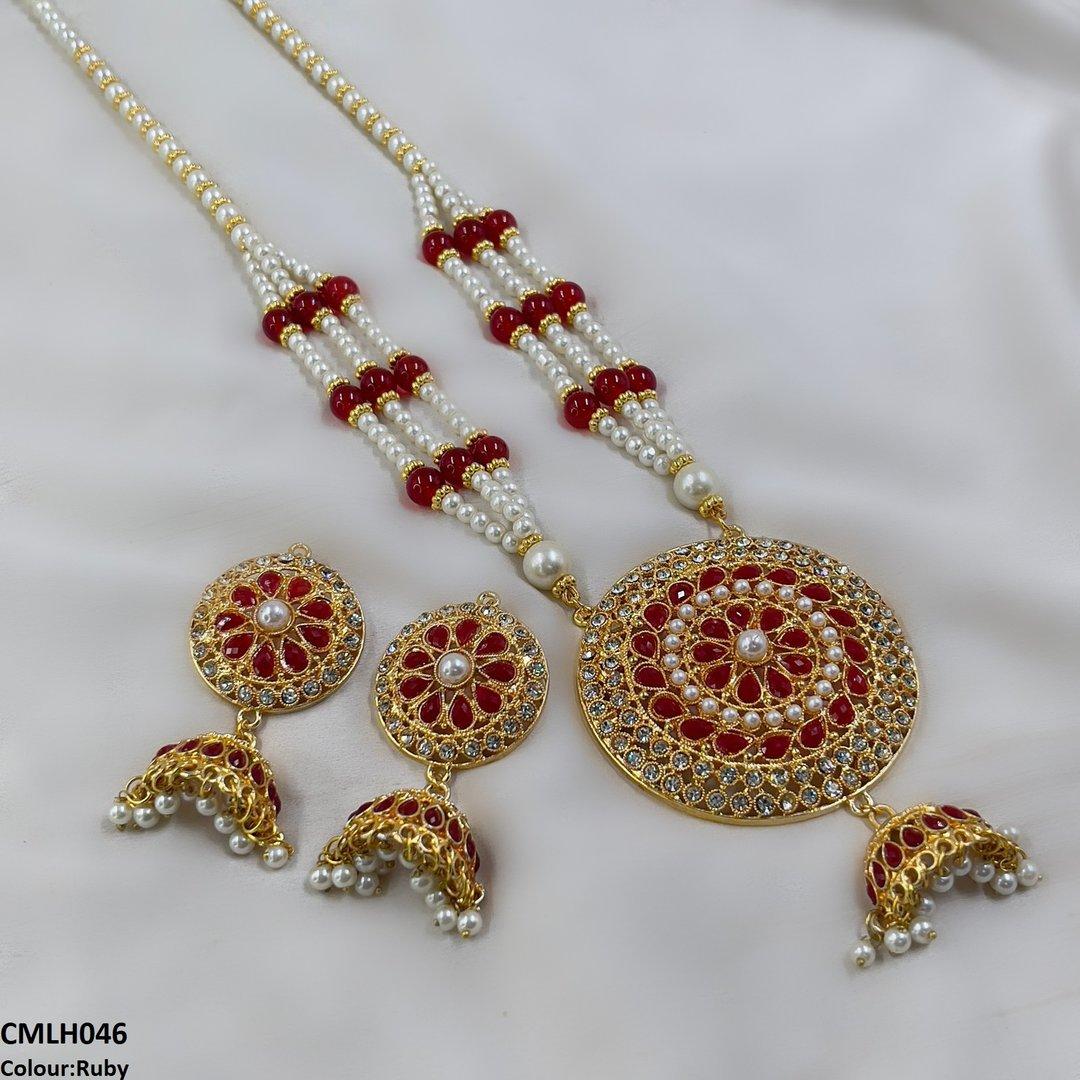 CMLH046 SDQ Cut Jhumki Drop Pearl Mala- CMLH
